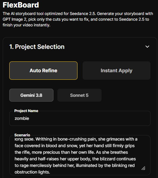 Project Name and Scenario filled in · Actual app screen