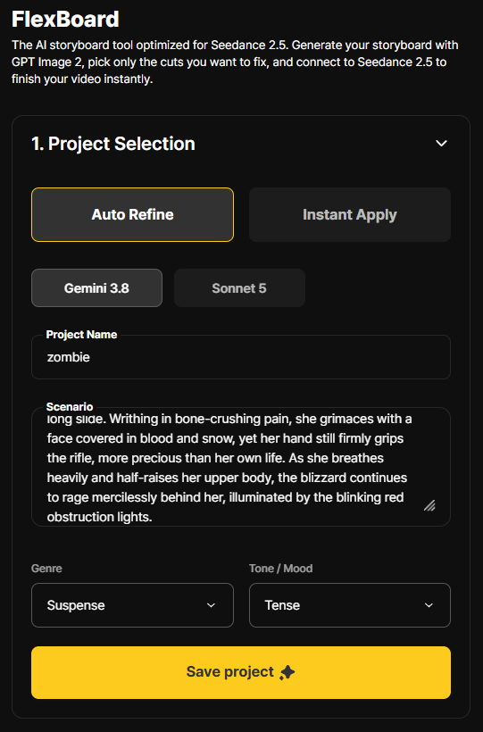 Scenario entered with Genre: Suspense and Tone / Mood: Tense · Actual app screen