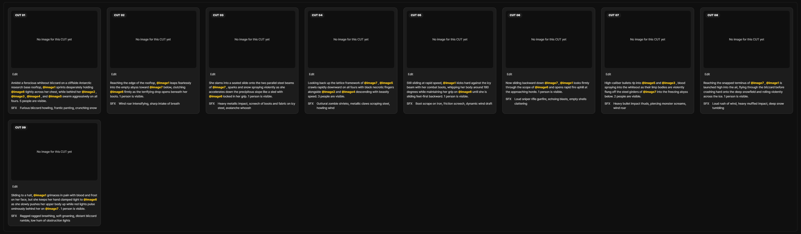 Text storyboard grid before image generation · Actual app screen