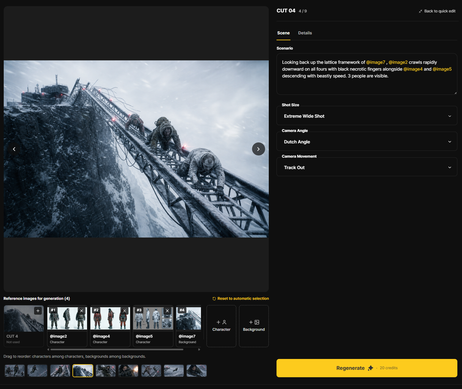 AFTER / Regenerated Frame · After applying Extreme Wide Shot · Dutch Angle · Track Out · Actual app screen